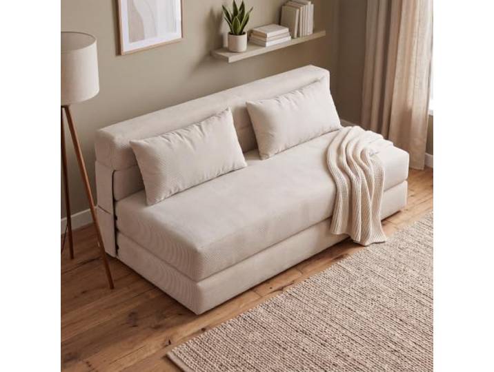 Schlafsofa Mit Kissen, Faltbar Zweisitzer-Sofa, Umwandelbarer Schlafplatz 203*152cm, Beige, für Wohnzimmer,Schlafzimmer,Gästezimmer