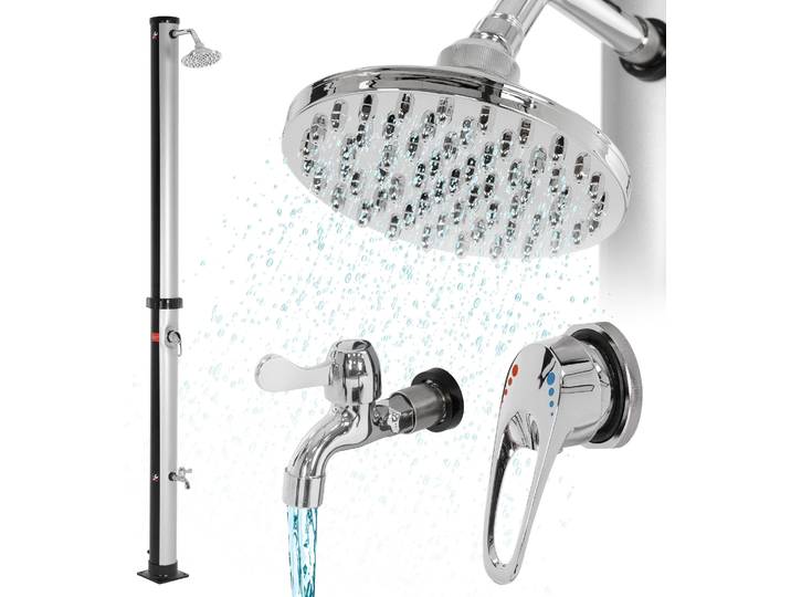 ML-Design Solardusche 20L 210cm rund mit Fußdusche und Regenduschkopf, Silber-Schwarz, warmes Wasser, 60°C ohne Stromanschluss, mit Gartenschlauch-Anschluss