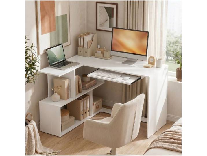 WUVRIE Bureau d'angle informatique blanc effet bois avec plateau clavier coulissant et rangement ouvert