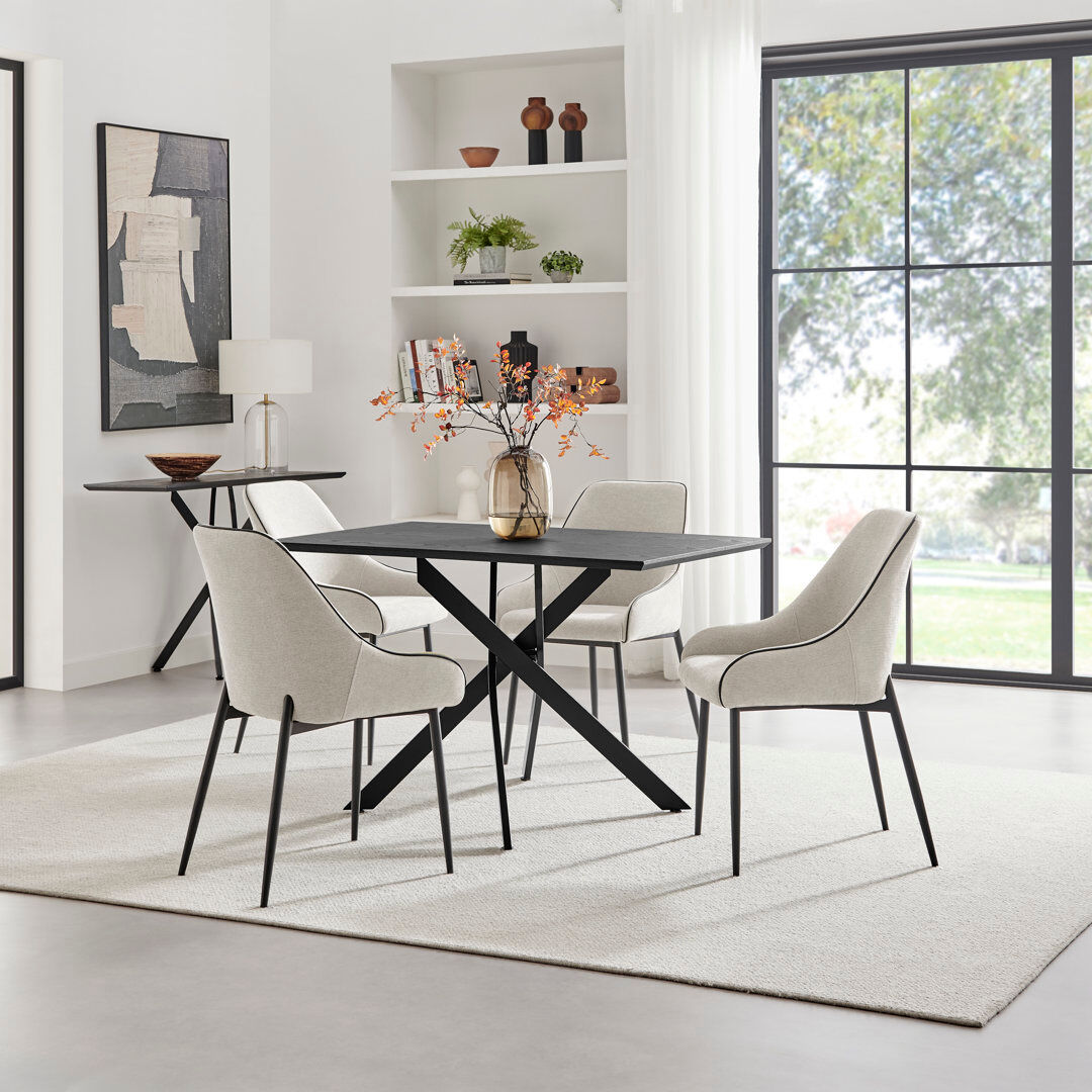 George Oliver Aminata Veneer & Metal Round Dining Table With Ophelia Fabric Chairs - Modern Statement Design Cream 4