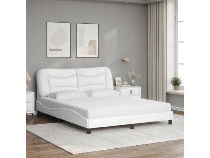 KTHLBRH Doppelbett Weiß 160 x 200 cm Kunstleder Mit Schaumstoffmatratze, Lattenrost inklusive, Kopfteil gepolstert, Härtegrad H2 H3