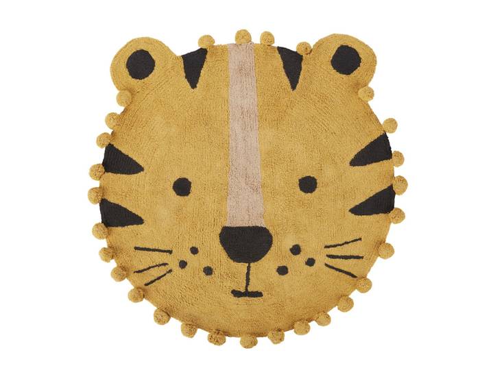 Kinderteppich Tiger aus recycelter, getufteter Baumwolle mit Pompons, gelb, D108cm