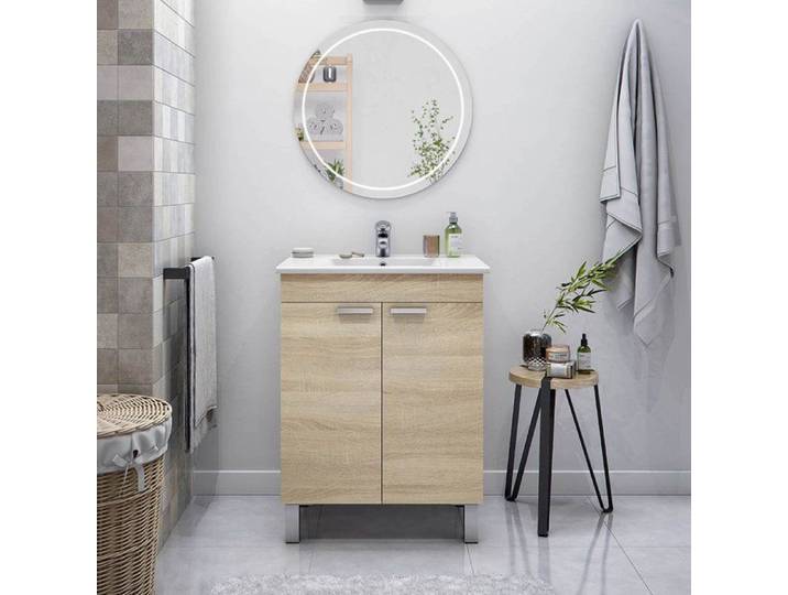 Meuble Sous-vasque\ Polino Dmora en Bois Noble Brun Chêne 60x45x80h cm