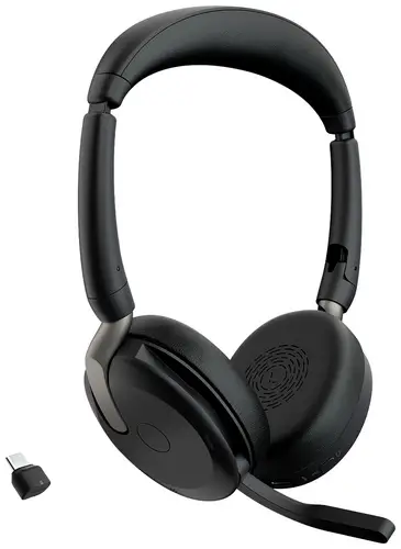 Jabra Evolve2 65 Flex Link380c UC On Ear Headset Bluetooth Stereo Schwarz Noise Cancelling Headset, Mikrofon-Stummschaltung, Lautstärkeregelung,