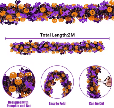 Inspire Curations Purple Halloween Tinsel Garland With Pumpkin And Bat For Spooky Party Decor halloween 3pcs