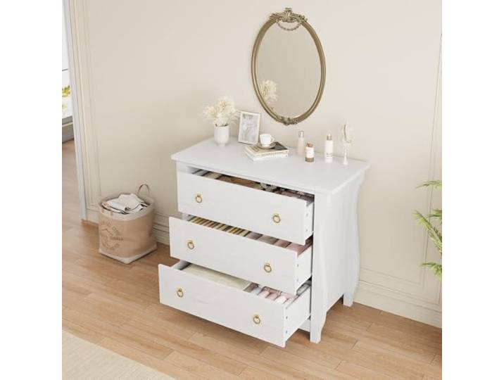 Holz-Kommode mit Rattan Fronten 3 Schubladen Metallgriffe (76*39.5*74cm) Modernes Design, Tiefe Aufbewahrung, Für Schlafzimmer, Wohnzimmer, Flur, Antikweiß