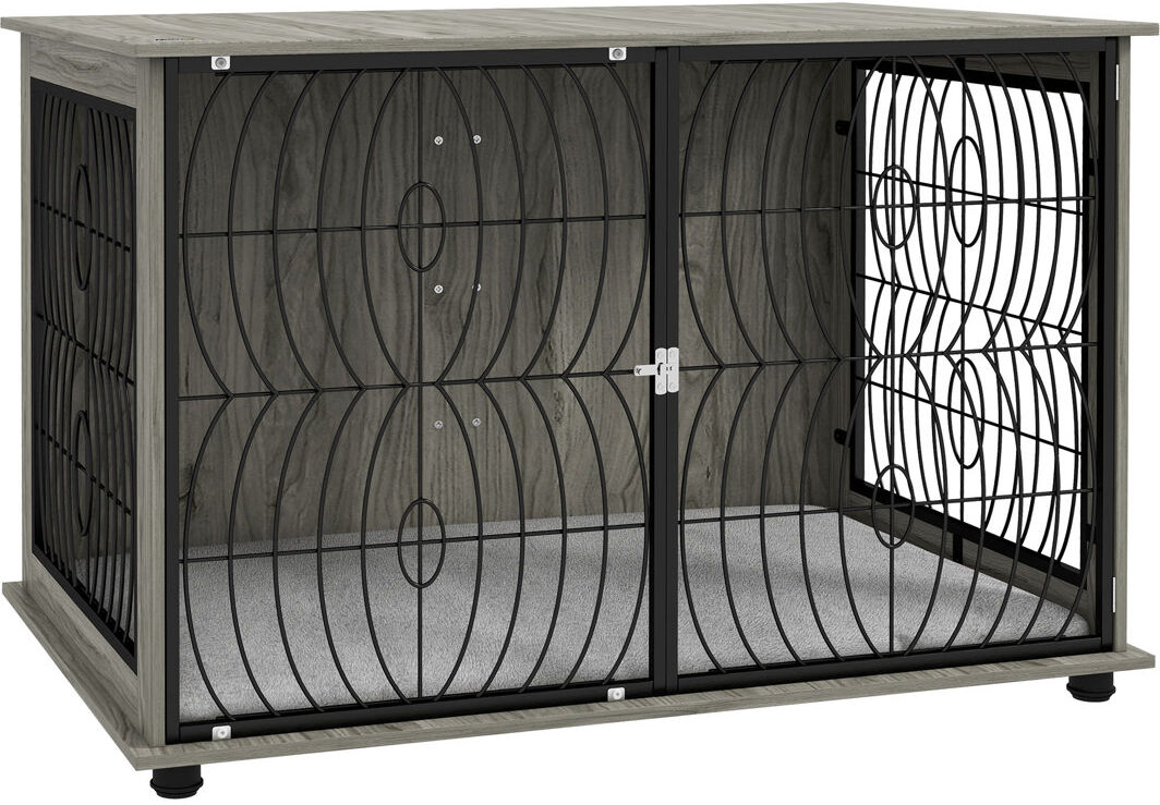 PawHut Dog Crate Furniture End Table with Cushion for Dogs Gray 82" H x 75" W x 118" D