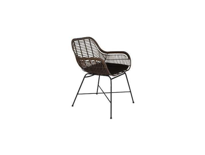 Fauteuil en rotin synthétique marron, coussin noir, structure en
