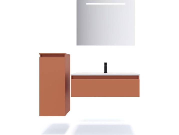 Ensemble salle de bain vasque intégrée 90cm 1 tiroir Terracotta + miroir + colonne gauche - Hudson