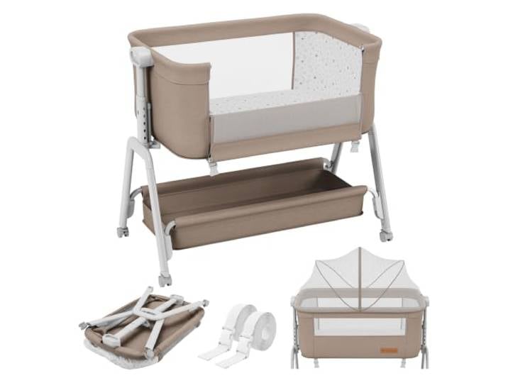 TULANO Dream 50 Beistellbett Baby mit Rollen - 3in1 Stubenwagen - Reisebett Matratze - 5-fach höhenverstellbar - Neigbare Liegefläche - Moskitonetz - Aufbewahrungskorb - bis 9 kg - Taupe