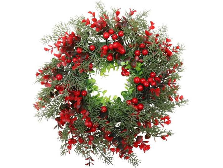 Weihnachtskranz mit Beeren und Tannenzweigen, Mehrfarbig, Kunststoff, 4 cm, Dekoration, Weihnachtsdekoration, Adventskränze