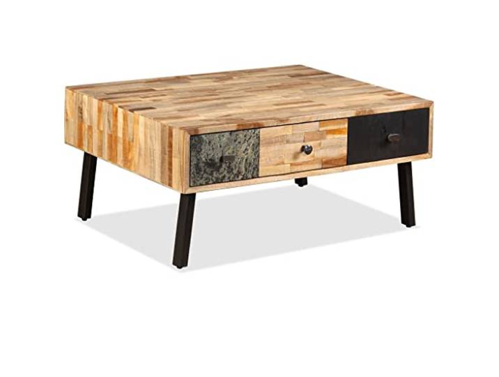 RJPLMFV Couchtisch, recyceltes Teak, massiv, 3 Schubladen, 90 x 65 x 40 cm Vintage-Stil, Marmorierte Oberfläche, stabiles Holz, einfache Montage, Unikat