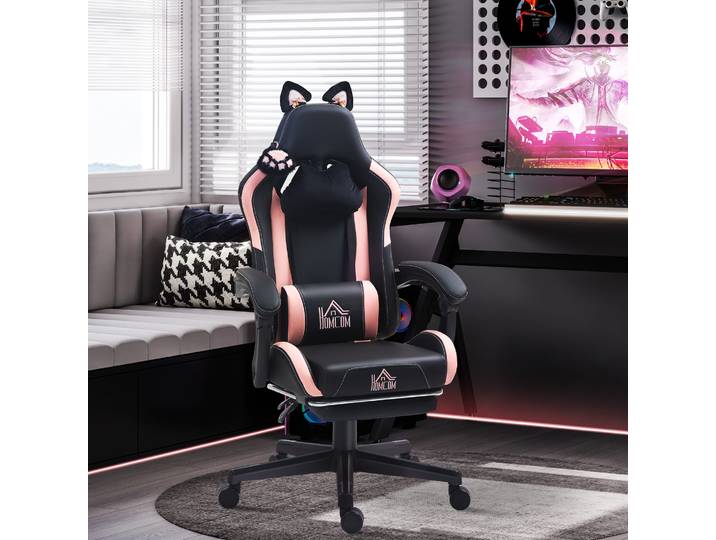 HOMCOM Chaise Gaming Inclinable Simili Cuir Rose Noir