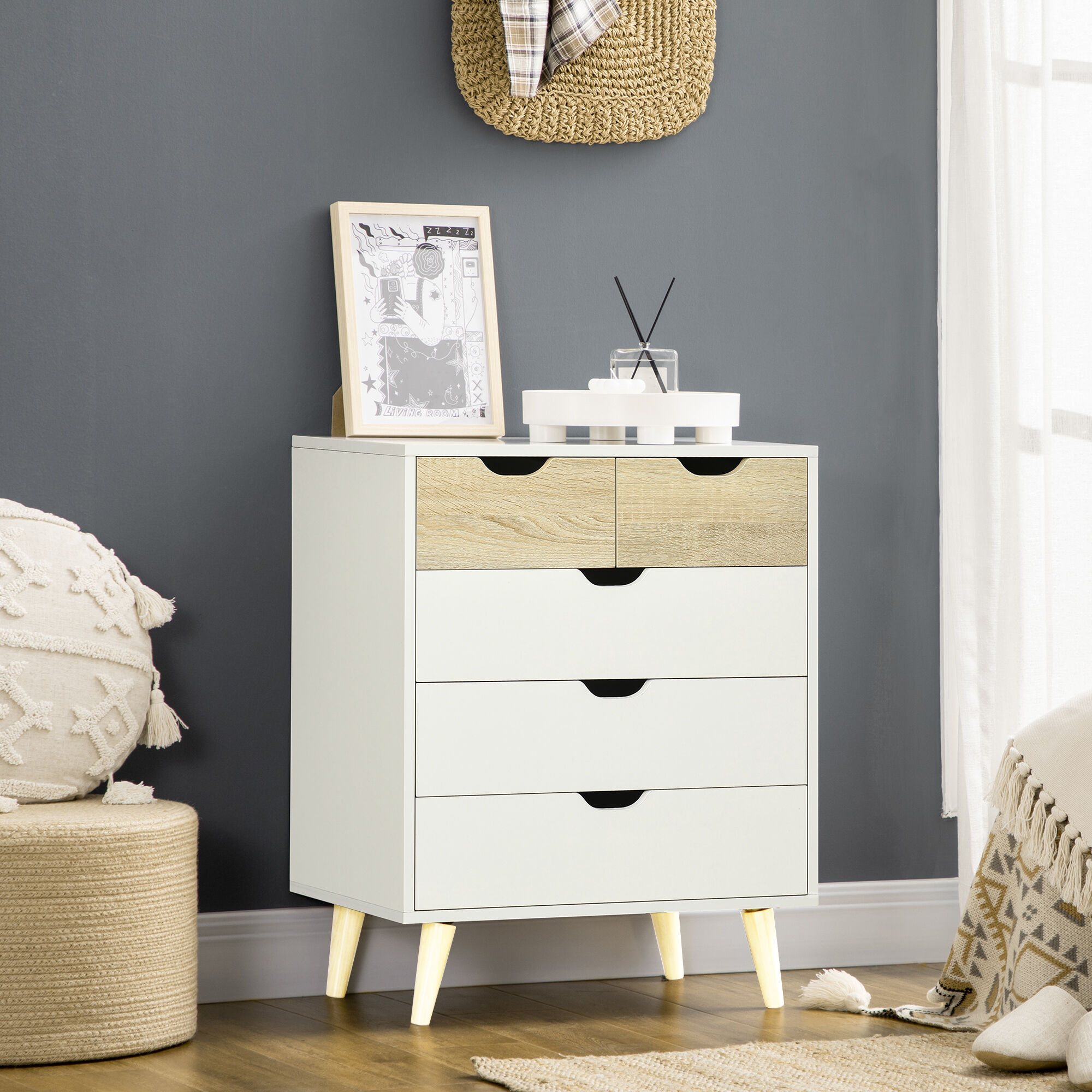 Altro Cassettiera A 5 Cassetti Per Camera Da Letto Con Maniglie Intagliate, 60x40x77.5cm, Bianco E Legno