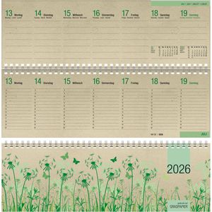 Zettler Tischkalender 159, Graspapier, Wochenkalender quer, 1 Woche = 2 Seiten, 32 x 10,5 cm, Jahr 2026