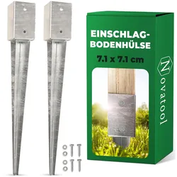 Novatool 2x Einschlagbodenhülsen-Set 71x71x750 mm , Bodenhülse Sonnenschirm Pfostenträger Zaunpfosten Holzpfosten Bodenhülsen Einschlaghülse Bodenanker Erdspieß zum Einschlagen , verzinkt , mit Schrauben