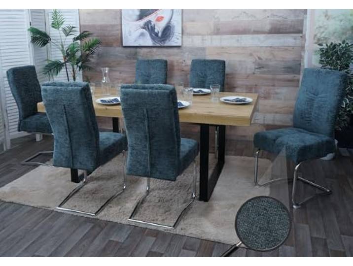 Mendler 6er-Set Esszimmerstuhl HWC-G56 Metall - blau-grün Küchenstuhl, Freischwinger, Stuhl, Lehnstuhl, Stoff/Textil, Chenille