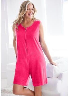 Plus Size Women's Zip-Front Terry Romper by Dreams & Co. in Pink Burst (Size 1X)