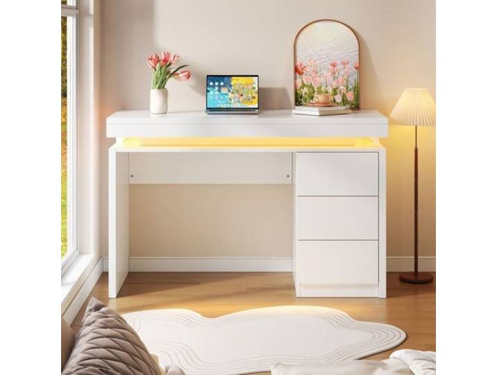 Bureau avec tiroirs avec éclairage LED et trois tiroirs surface de travail spacieuse pour bureau à domicile et gaming