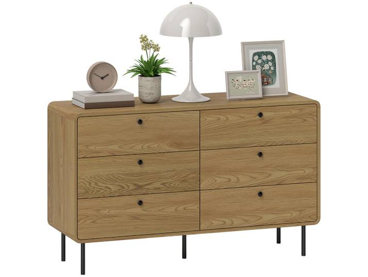 ComfortXL Komoode De-12905 6 Schubladen, abgerundete Kanten Eiche, Eichefarben, 120x75x40 cm, Kleinmöbel, Kommoden, Kommoden
