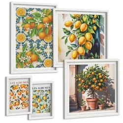 BILDER SET 5er Set - 50x50 cm & 20x30 cm & 40x60 cm Weißer Rahmen - Retro gelbe Zitrusfrüchte