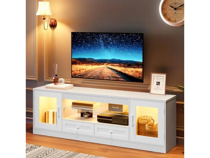Dripex LED-TV-Lowboard 148 cm für 55–65 Zoll Fernseher, Gaming-TV-Schrank mit RGB-Beleuchtung und Schubladen, modernes TV-Board für Wohnzimmer und Schlafzimmer, Weiß