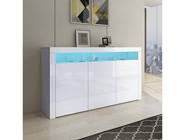 Senvoziii Sideboard Kommode 3 Türen Hochglanz Front mit LED Beleuchtung TV Lowboard Für Esszimmer Wohnzimmer Möbel 152x97x35cm Weiß