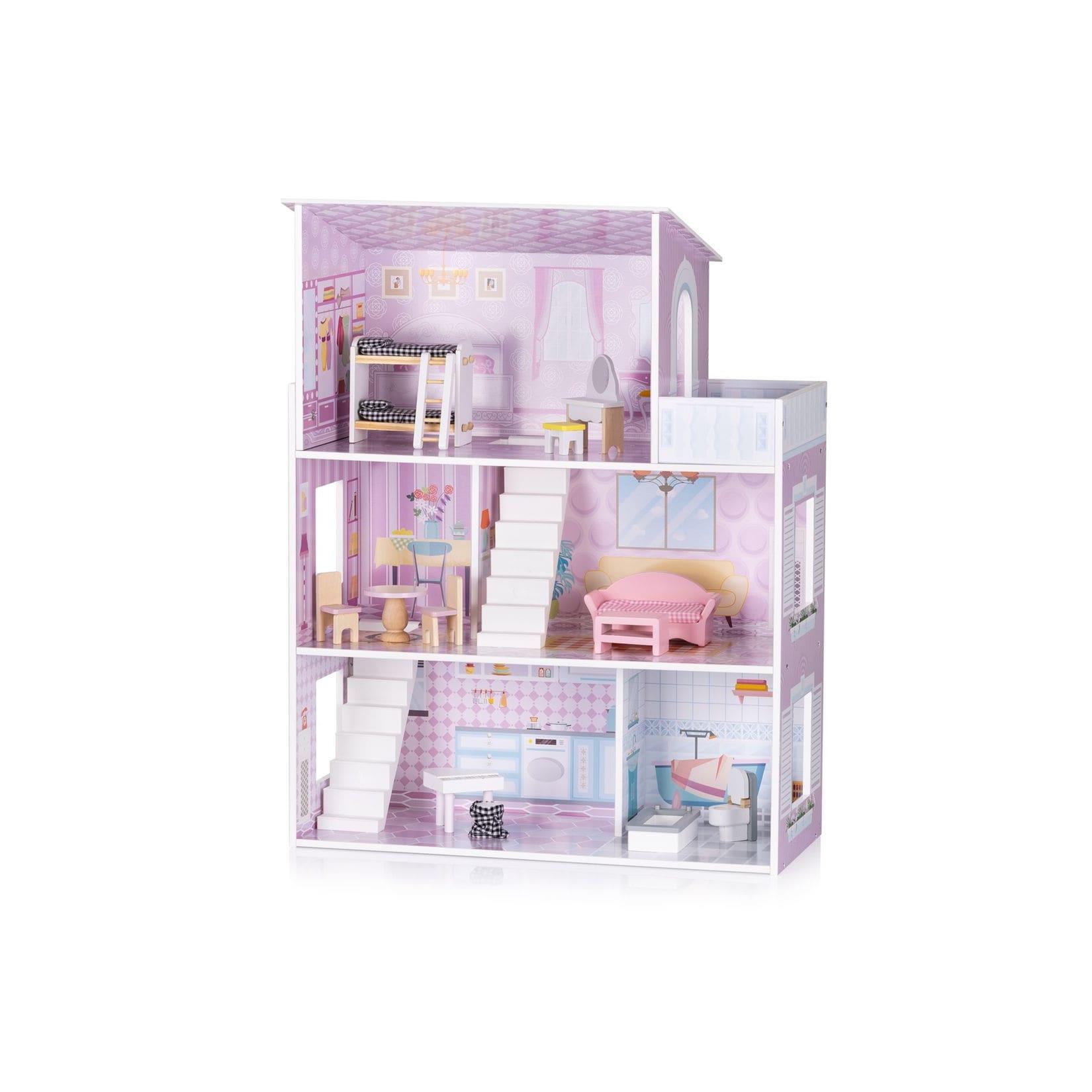 Chipolino Holz-Puppenhaus 12-teiliges Möbel-Set, Treppen, 3-Ebenen, ab 3 Jahren rosa