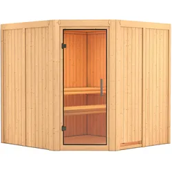 Karibu Sauna Jarin mit Eckeinstieg 68 mm - Ohne Ofen-Ohne Dachkranz-Klarglas Ganzglastür inkl. gratis Zubehörpaket im Wert von 126,96€
