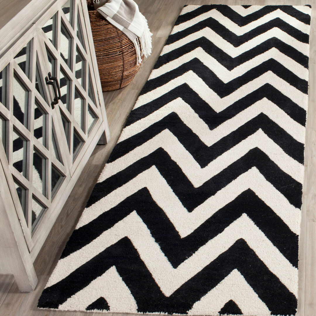 Ebern Designs Nero Chevron Wool Area Rug Black/Ivory Runner 76 x 244 cm