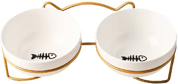 Inspire Picks Comfort Rise Ceramic Pet Bowl Set Elevated Double Cat & Dog Feeding Bowl For Comfortable Dining b Gold 3pcs