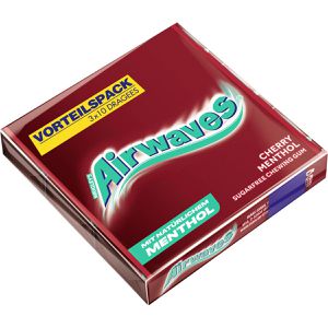 Airwaves Kaugummis Cherry Menthol, zuckerfrei, Riegel mit je 10 Dragees, 3 Pack