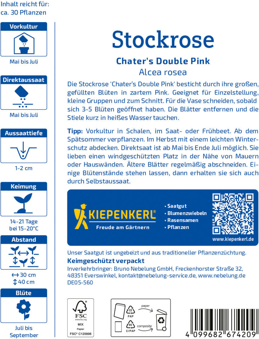 Kiepenkerl Blumensamen Stockrosen Chater’s Double Pink für ca. 30 Pflanzen