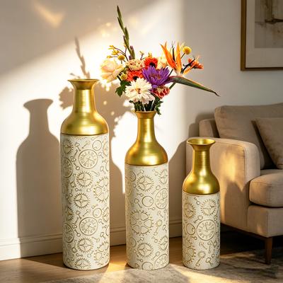 Kodotan sofa Decorative Metal Vases Set of 3, Rustic Brown Leaf Pattern Floor Vases, rustic brown all Vases for Home Decor, Living Room