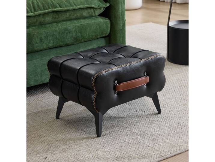 Pouf Repose-Pieds - Tabouret Bas Poignée Cuir Marron - Bout de Lit Entrée Salon Chambre - Noir