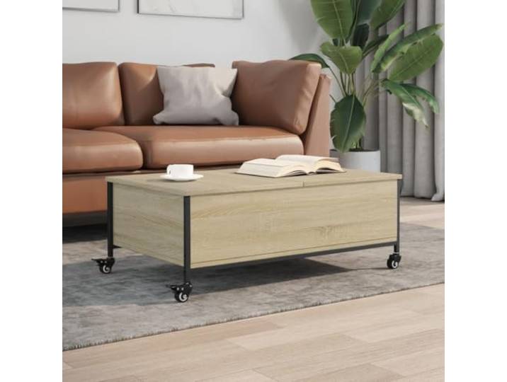 HEFZGDB Couchtisch mit Rollen Sonoma-Eiche 91x55x34 cm Holzwerkstoff Beistelltisch mit Stauraum und Bremsen für Wohnzimmer