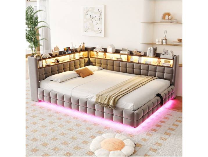WUVRIE Lit rembourré 140x200 cm coffre hydraulique LED USB Type-C étagères en bois velours gris clair