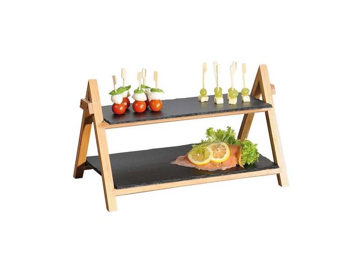 Etagere KESPER 2-stufig Schiefer Bambus rechteckig , braun, schwarz, Bambus, Schiefer, Servierplatten, Etagere