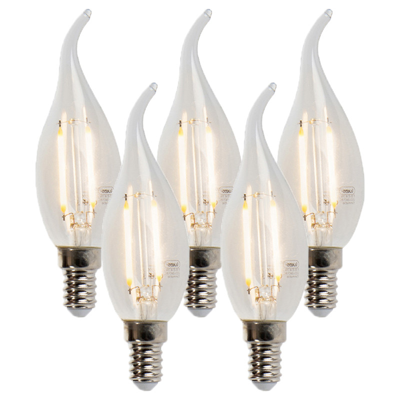 LUEDD Set van 5 E14 dimbare LED filament tipkaars lampen, 250lm, 2700K warm wit, transparant glas