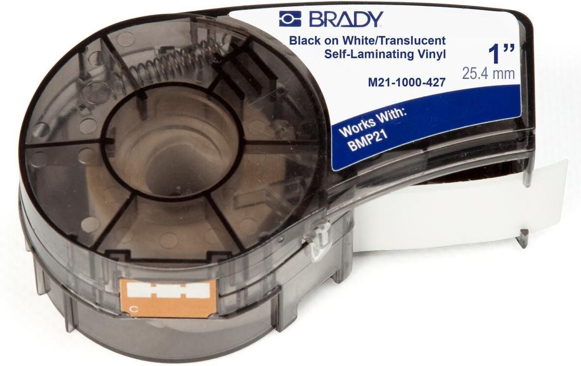 Brady M21-1000-427 Self-Laminating Vinyl Label Tape 25.40mm x 4.30m Black on White/Clear for M210/M211/BMP21-PLUS/BMP21-LAB/BMP21