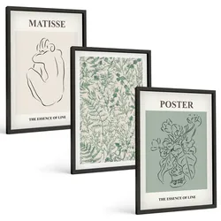 BILDER SET 3er Set - 40x60 cm Schwarzer Rahmen - Linien, Pflanzenmuster, Minimalismus