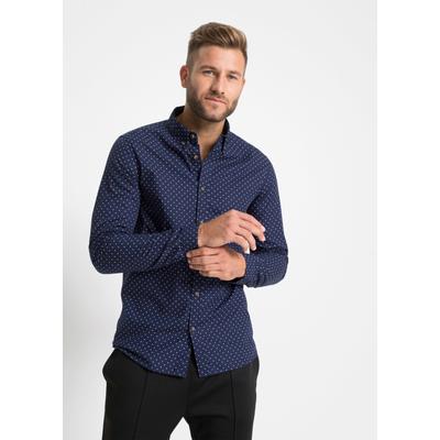 Langarmhemd BONPRIX, Herren, Gr. 41/42 (L), N-Gr, blau (dunkelblau gepunktet), Obermaterial: 100% Baumwolle, slim fit, Hemden, aus Baumwolle, Slim Fit, mit Button-down-Kragen