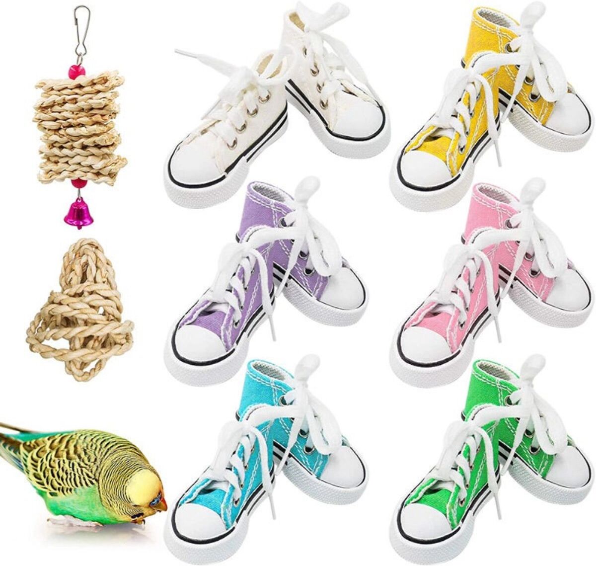 INF Kauspielzeug für Papageien, 8-teilig, Polyester und Strohgeflecht, Schnabelkonditionierung, Multicolor, 7.5cm x 3.8cm,