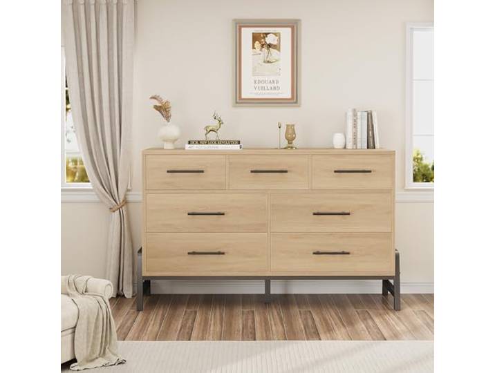 GarveeMore Kommode 7 Schubladen Mit u-Förmigem Metallgestell, Holzoptik, 81 cm