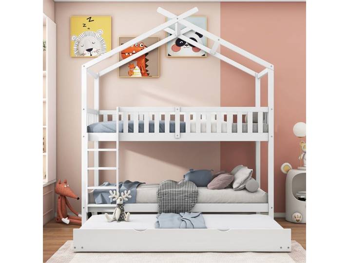 Lit cabane enfant - CIPACHO - Cabane 90x200 - Blanc - Lit gigogne 90x190 - Pin massif