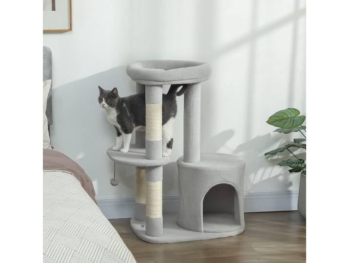 PawHut Arbre à Chat 90cm Griffoirs Niche Plateforme Gris Clair