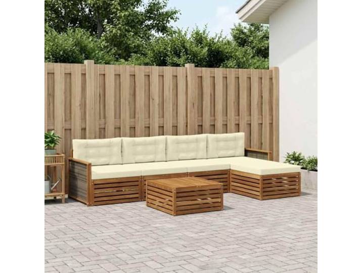 HFMDRMU Outdoor-Sofagarnitur mit Kissen 6-teilig Natur und Creme, modulares Sofa Garten aus massivem Akazienholz, Sitzgruppe mit Kissen für Terrasse und Garten