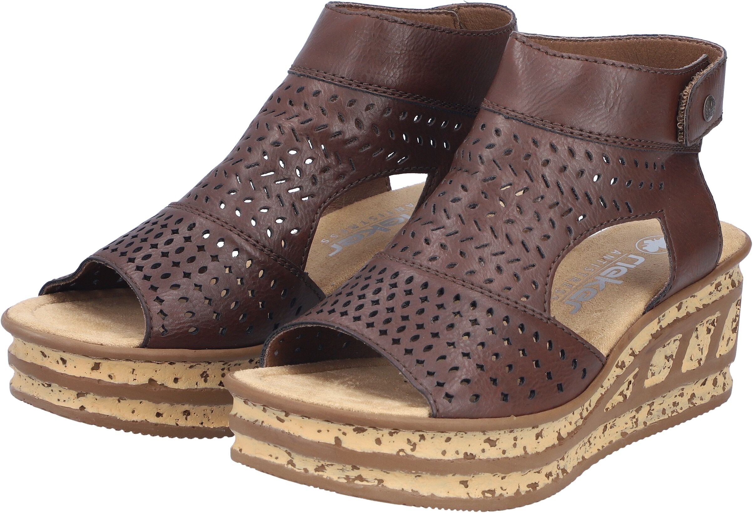Schaftsandalette RIEKER, Damen, Gr. 39, Synthetik Textil, braun (dunkelbraun), Lederimitat, Schuhe Schaftsandalette, Sommerschuh, Urlaubsschuh, Keilsandale mit Perforation