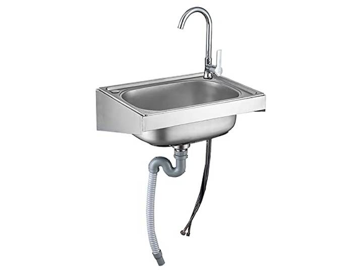 Außenspüle für den Garten, Wandmontage, Edelstahl, 1 Becken mit rechteckiger Abtropffläche, einfache Installation, Waschmittelbehälter für Außenspüle, für den Einsatz in der Küche, Waschküche, Gesang