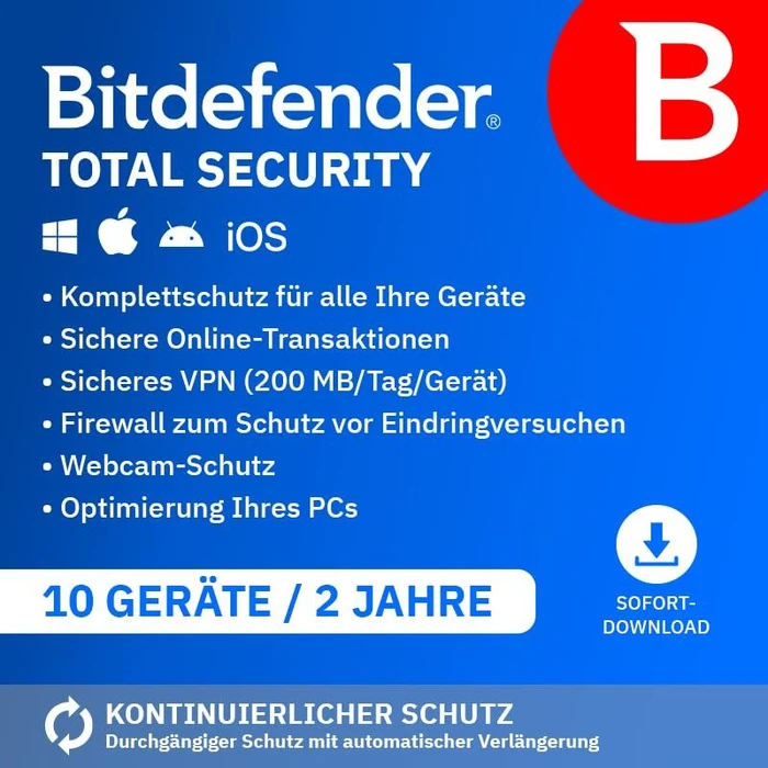 Bitdefender Total Security für 10 Geräte für 2 Jahre  (ESD)